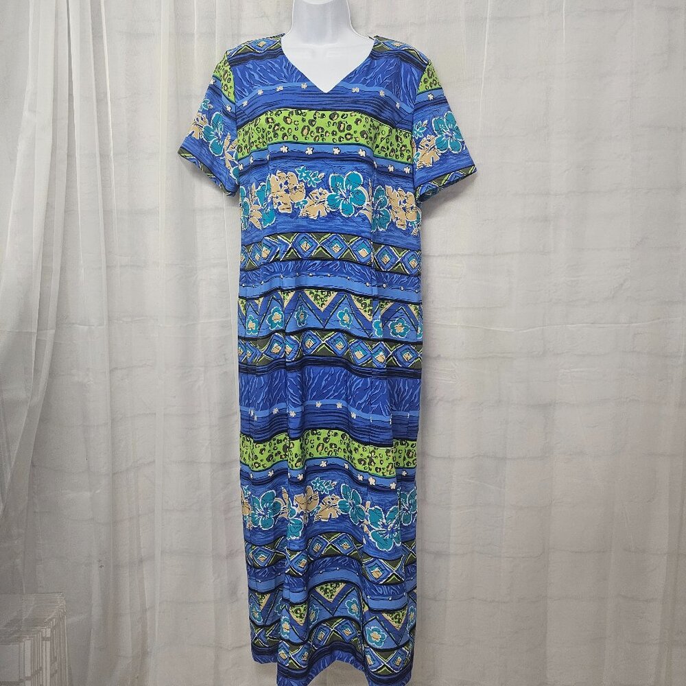 Vintage Sag Harbor Dress Blue Floral Leopard Shift Retro Maxi 10